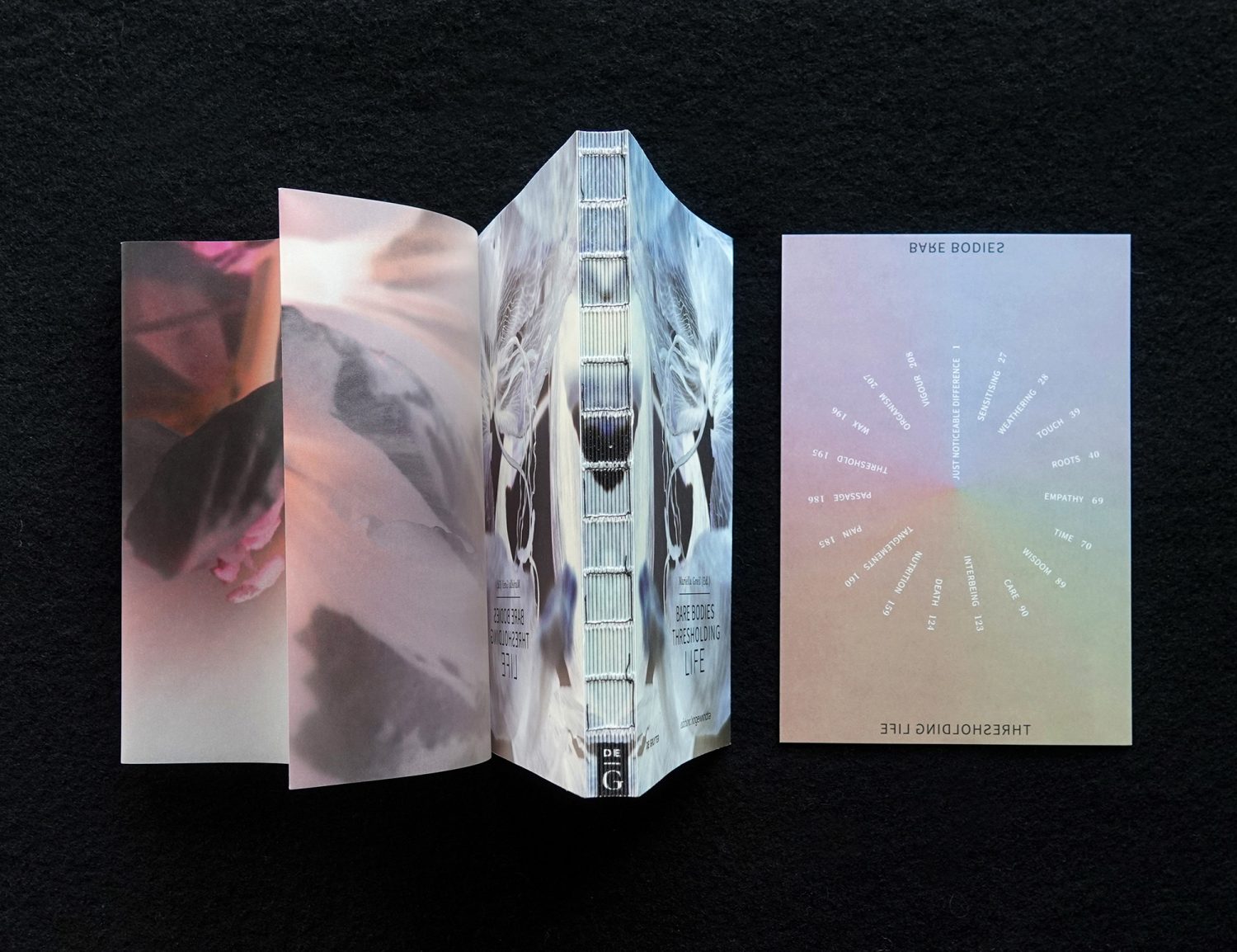 Bare Bodies – Thresholding Life, Cover mit offener Fadenheftung, Schutzumschlag und Einlegekarte